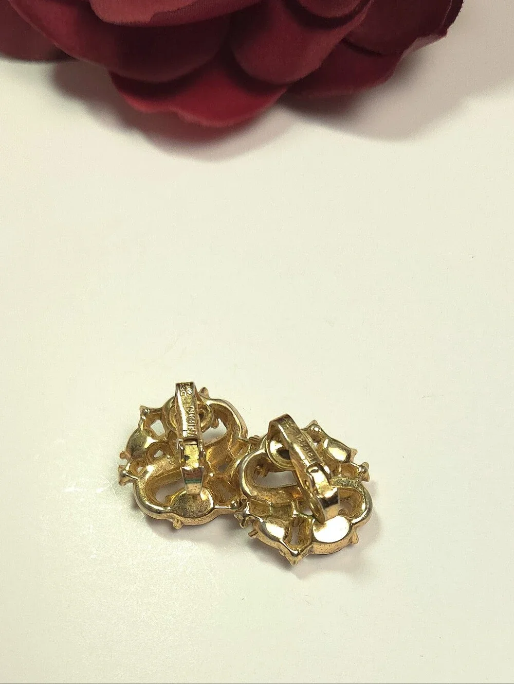 Vintage Trifari Gold Tone Swirl Crystal Earrings Clip on Statement Earrings